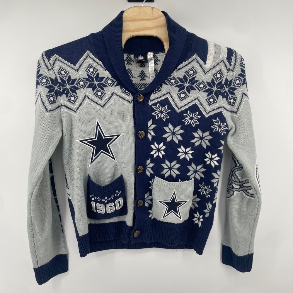 NFL Dallas Cowboys Cardigan Mens L Blue Grey Snowflake Fair Isle Sweater 1960